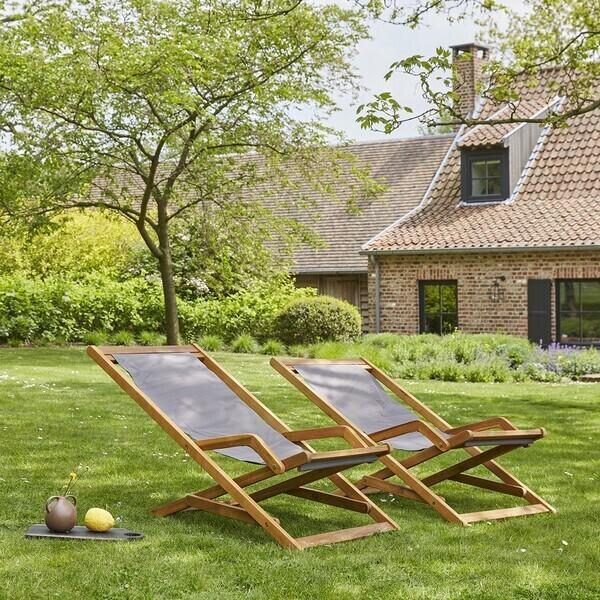 Transat en acacia massif et tissu gris (lot de 2) thumbnail