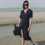 Robe longue portefeuille coton bio bleu marine thumbnail