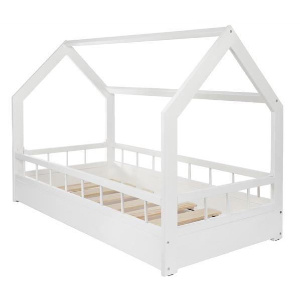 Lit maison cabane 160x80cm+barreaux blanc
